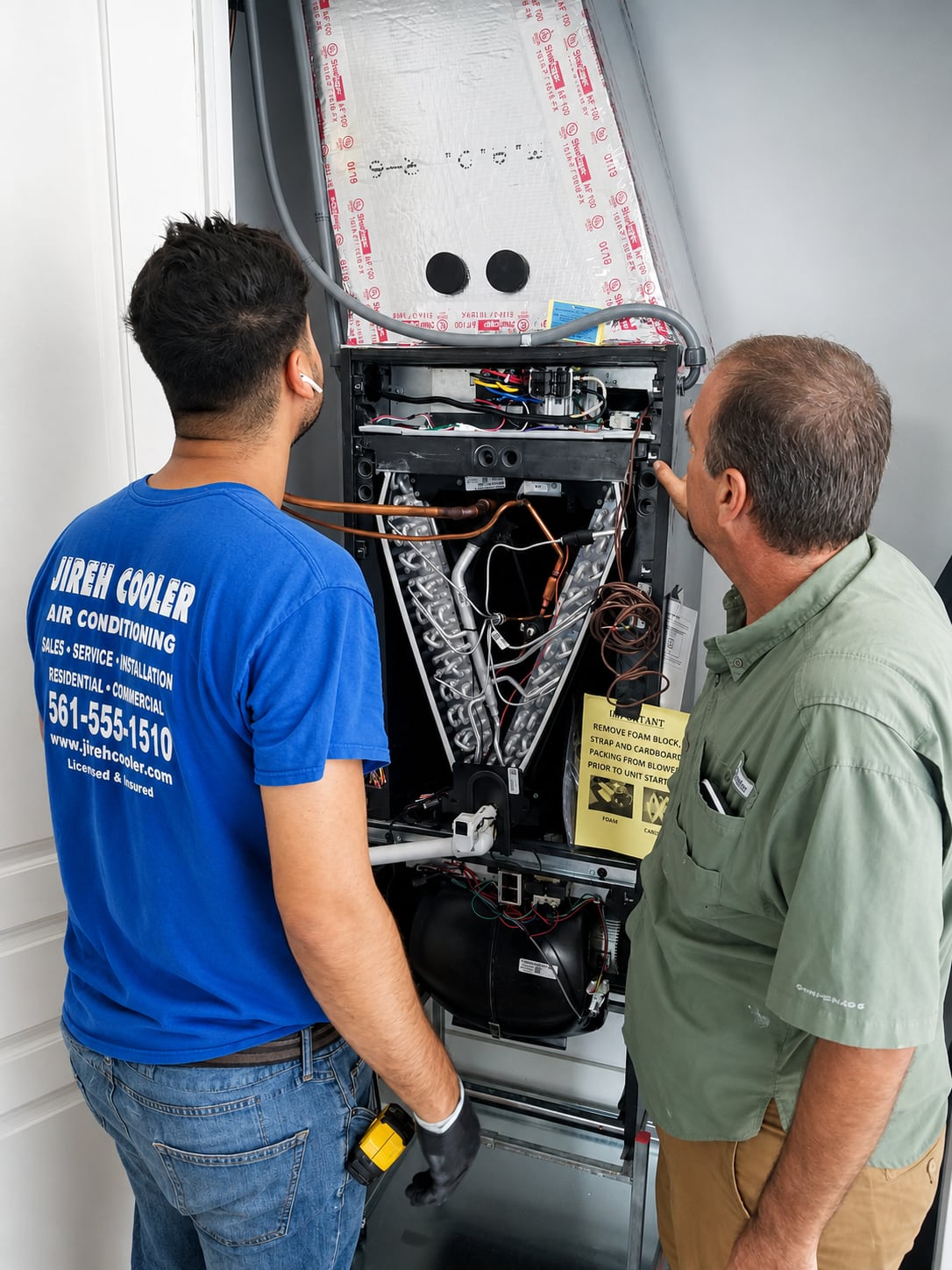 Jireh Cooler technicians inspecting an indoor air handler unit