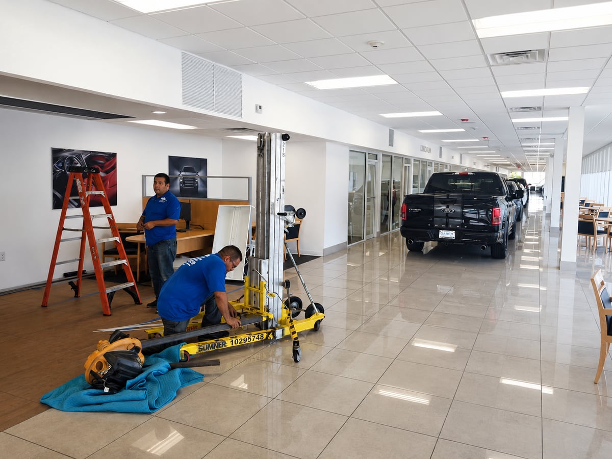 Jireh Cooler technicians installing HVAC equipment inside an auto dealership showroom