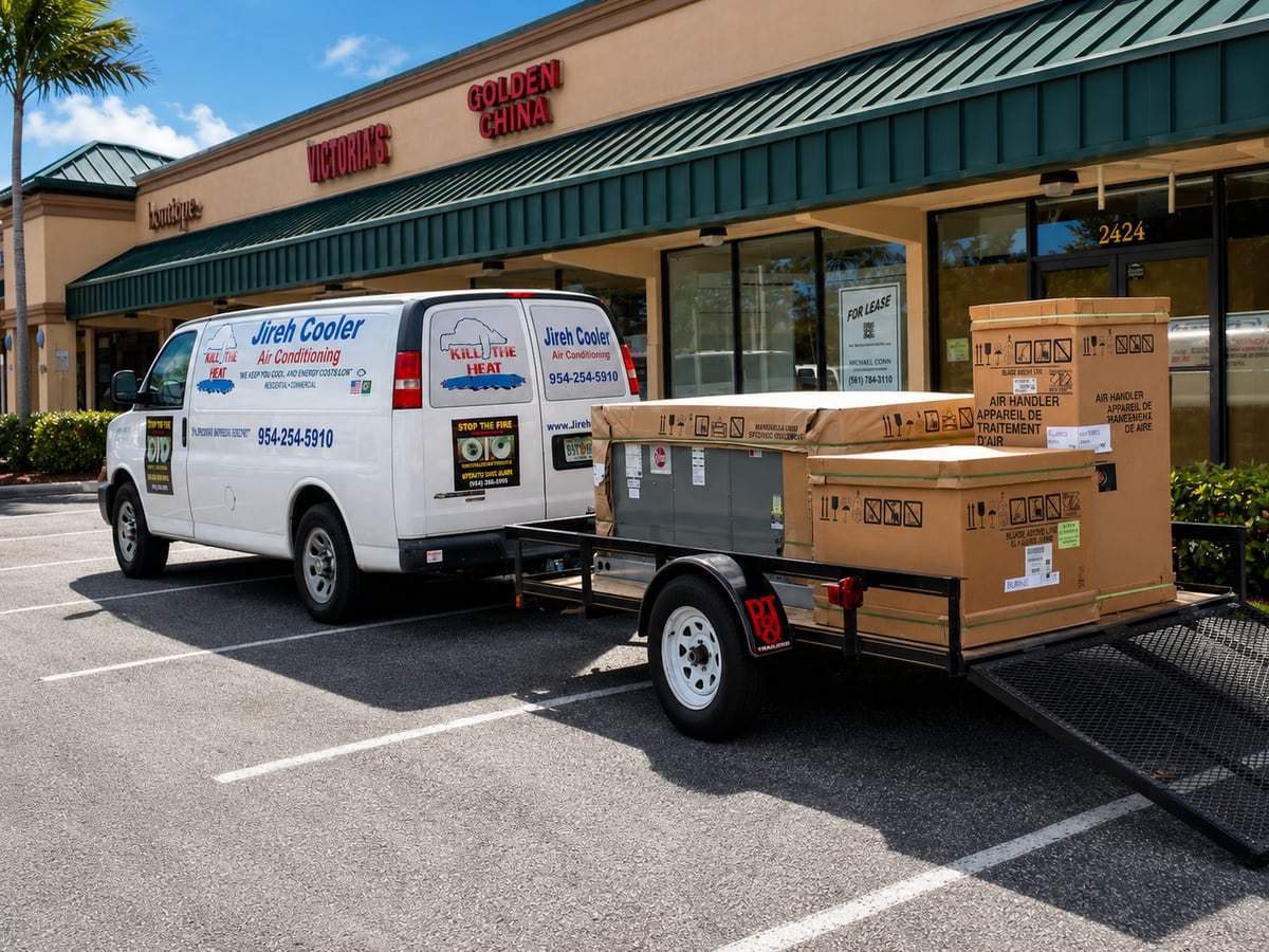 Jireh Cooler van delivering HVAC equipment to a South Florida retail plaza
