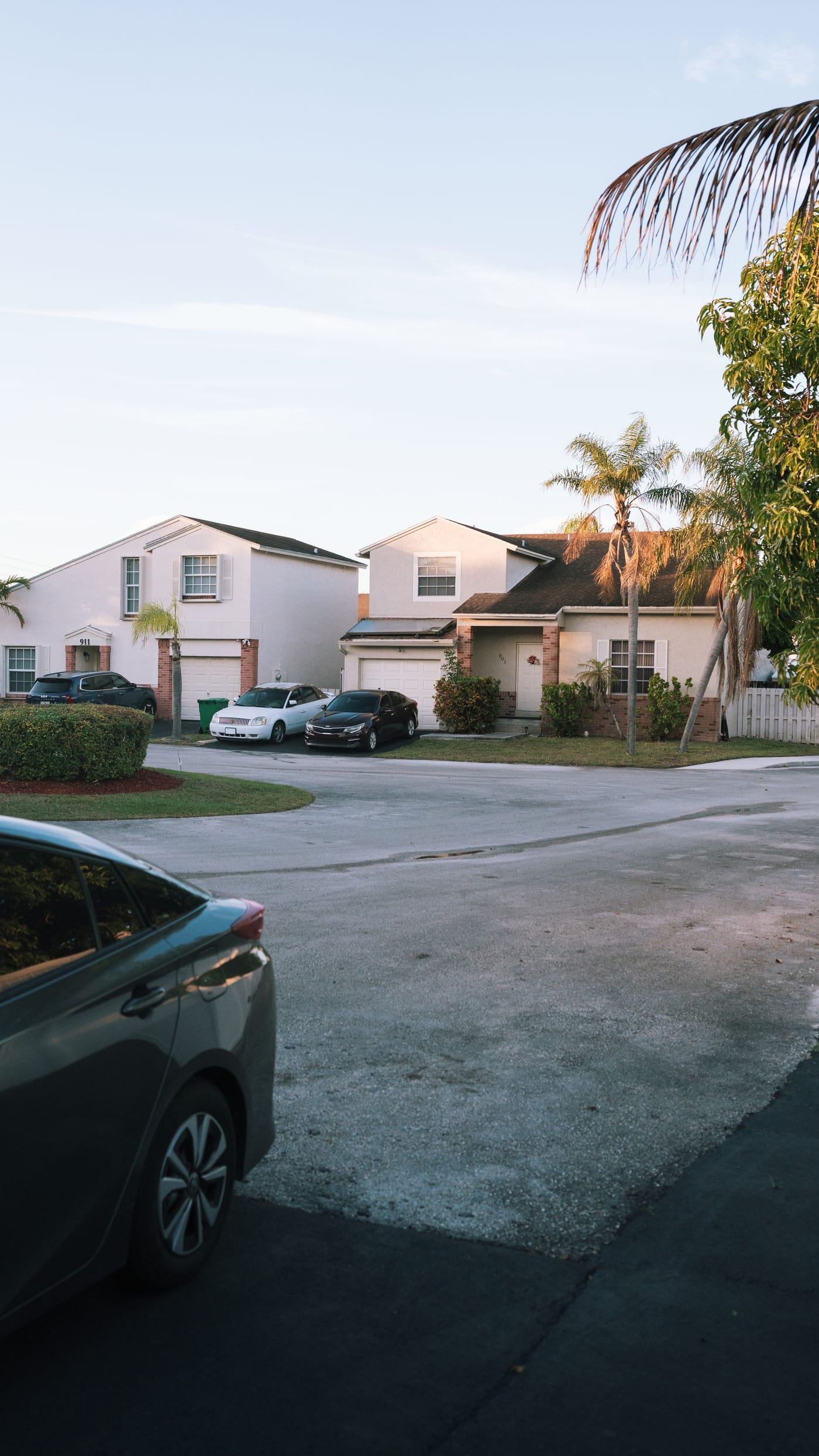 Sunset view of a South Florida suburban neighborhood with palm trees