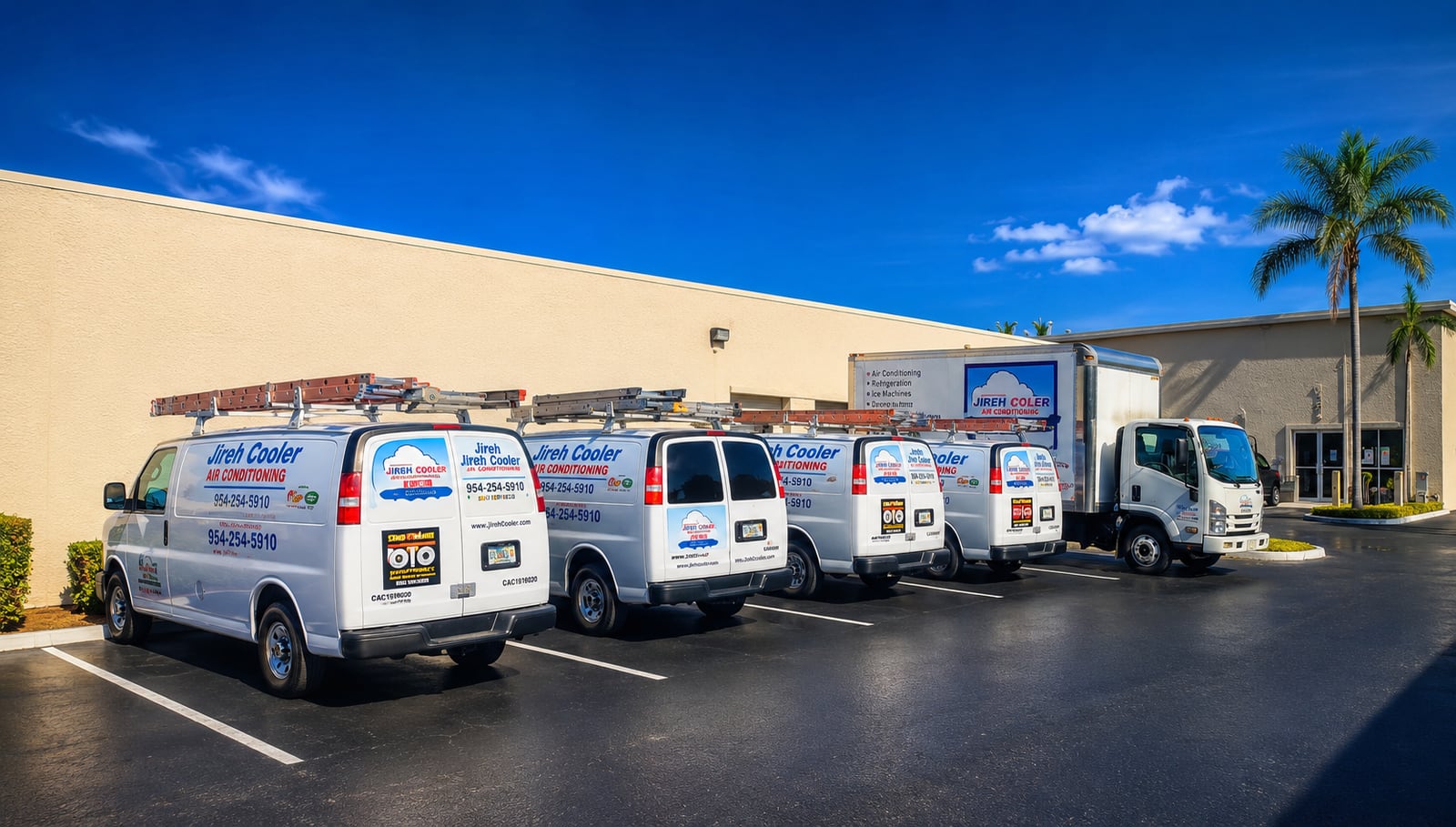 Jireh Cooler branded service vans and truck parked outside the company facility