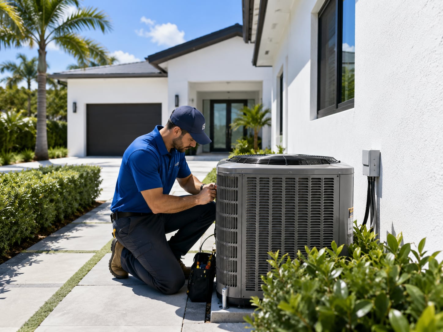 Jireh Cooler technician servicing an outdoor residential air conditioning unit