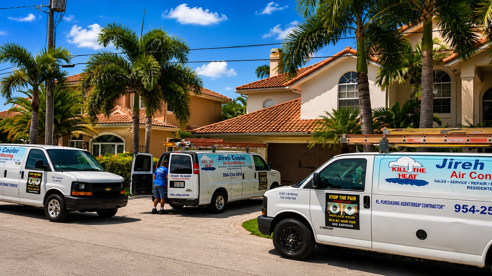 Jireh Cooler service vans parked outside a South Florida home with palm trees
