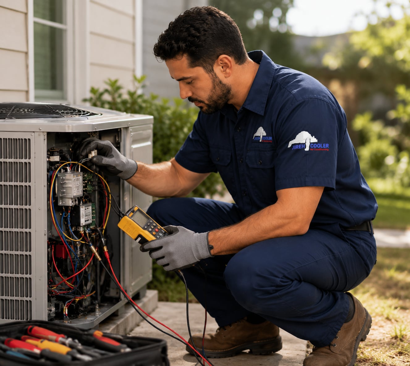 Jireh Cooler technician using a diagnostic meter to repair an outdoor air conditioning unit