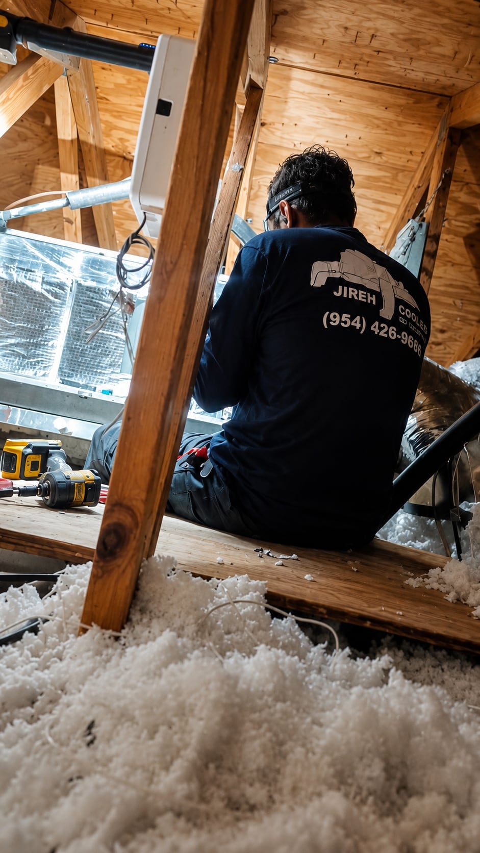 Jireh Cooler technician performing HVAC service in a home's attic